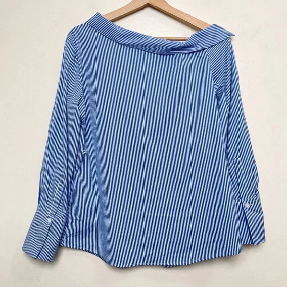 DKNY Womens Small Poplin Asymmetrical One Shoulder Button Shirt Stripes - Picture 12 of 12